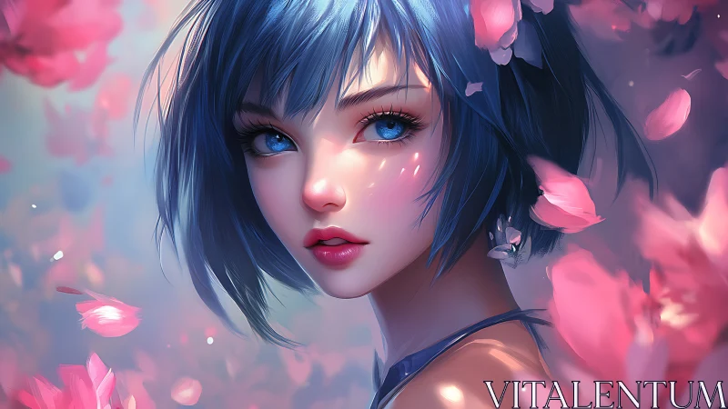 Blue haired blossom muse amid swirling sakura daydream.