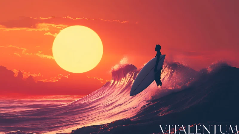 Sunset surfer pausing atop painted neon tide.