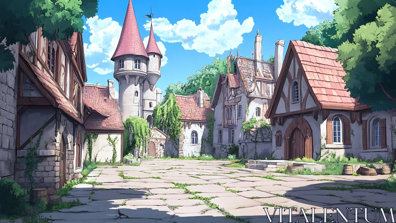Medieval village courtyard under bright summer sky illustration.