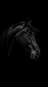 Graceful black horse head rests softly in quiet shadow