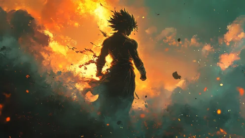 Lone warrior silhouette stands amid blazing cosmic storm