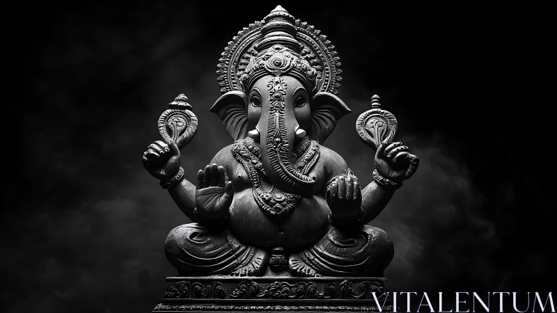Shadowed Ganesha breathes quiet light into swirling darkness
