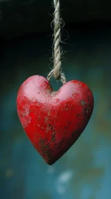 Crimson Heart Suspended by Weathered Rope.