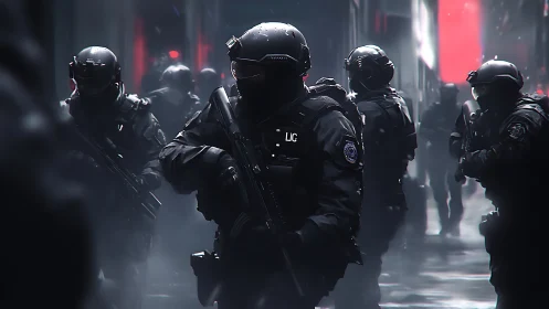 Tactical police unit advances through neon-lit urban corridor