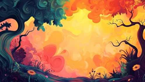 Surreal sunset forest with swirling abstract trees and light.