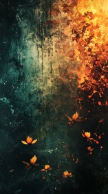 Luminescent Marigolds Emerging from Teal Grunge Substrate with Graduated Warm Intensification