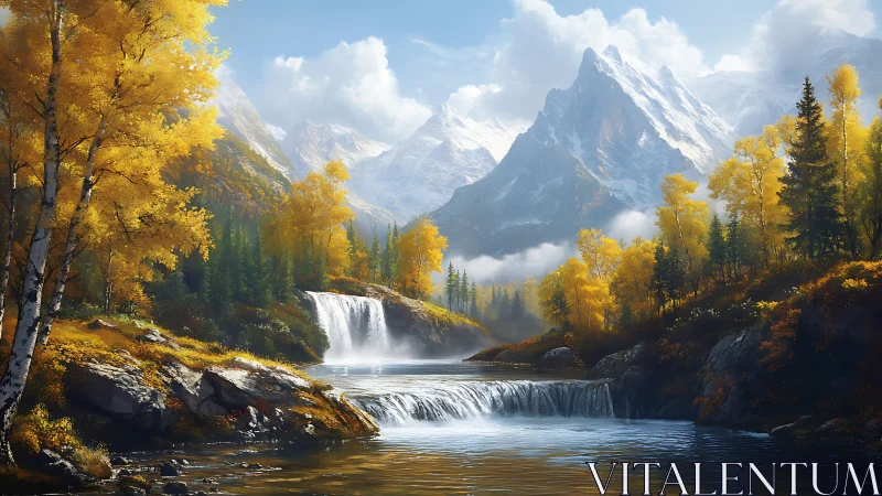 Autumn waterfall valley beneath sunlit alpine peaks.