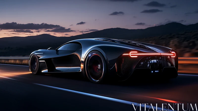 Aerodynamic hypercar rendering on dusk highway trajectory.