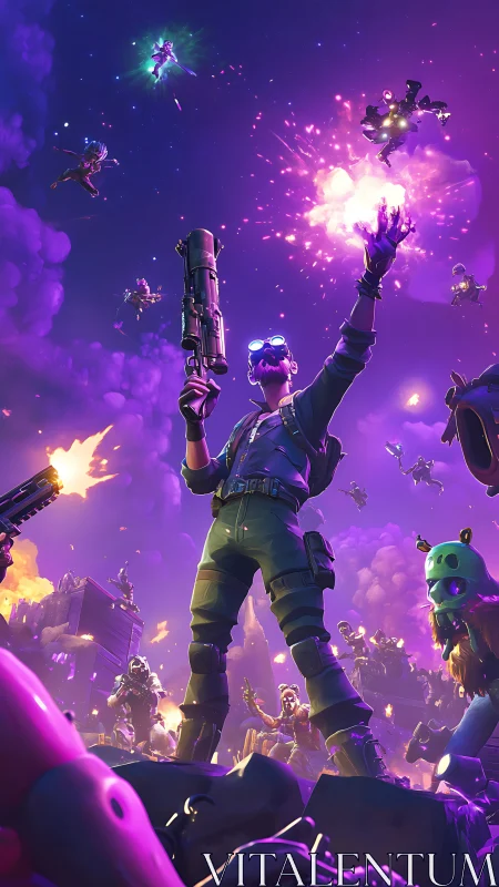 Neon sky raiders ignite a violet storm of chaotic heroics.
