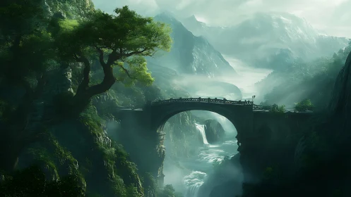 Misted alpine gorge with stone arch bridge and waterfalls.