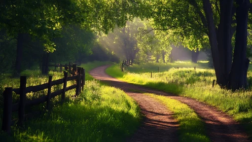 Sunlit country lane curling through whispering green.