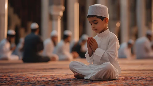 Quiet-hearted boy folds evening light into gentle prayer