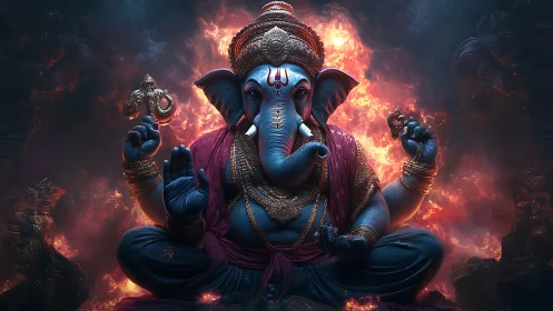 Digital render shows seated blue elephant deity before fire