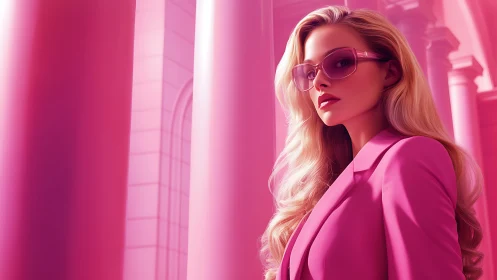 Monochrome magenta fashion portrait in neoclassical colonnade