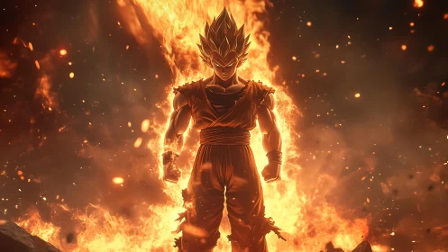 Inferno-charged anime warrior strides through roaring flames.