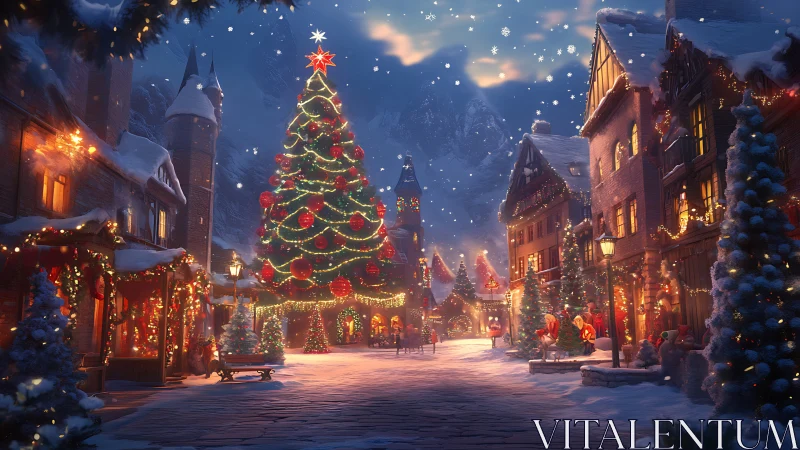 Snow-laden medieval plaza with illuminated Christmas tree centerpiece.