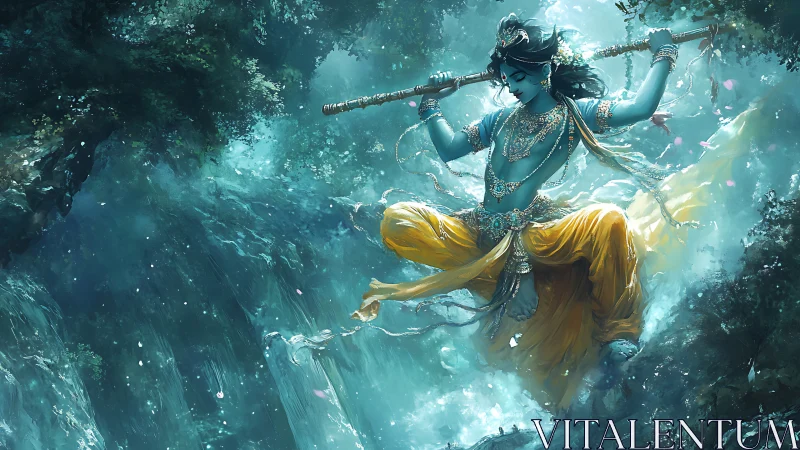 Blue-skinned deity leaping above a glowing forest stream.