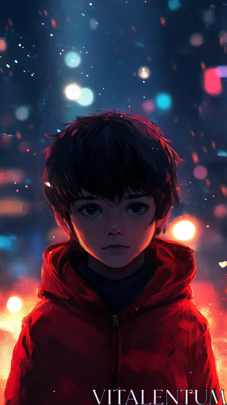 Solitary child in red coat against blurred city lights.