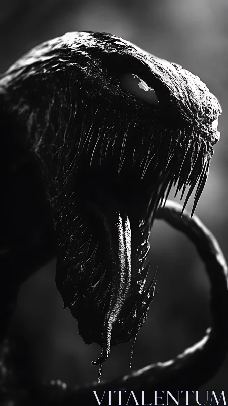 Monochrome alien predator head with dripping fanged maw.