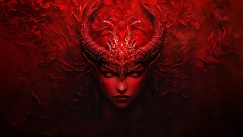 Demonic horned figure is rendered in monochromatic red lighting