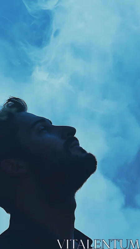 Silhouetted dreamer leans into a sky of drifting ghost-blue mist