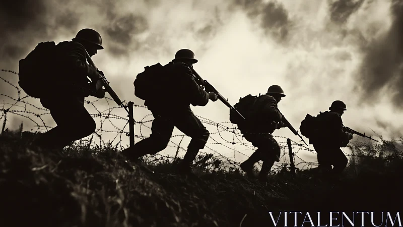 Backlit infantry silhouettes advance along barbed-wire trench line