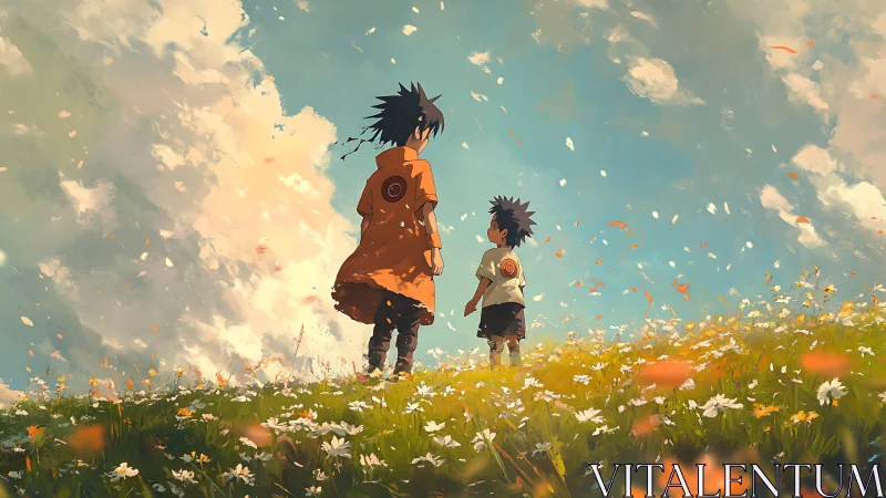 Wind-swept anime siblings crossing floral meadow horizon.