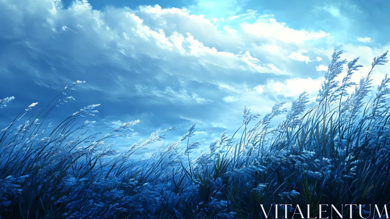 Blue twilight wind bends tall meadow grass toward horizon