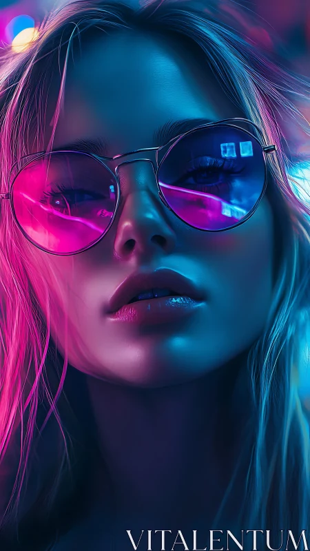 Neon-lit portrait frames mirrored shades and cyan glow.