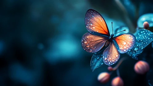 Orange butterfly with water droplets on blue foliage at dusk.