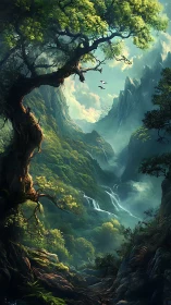 Ancient Tree Overlooking Misty Mountain Valley.