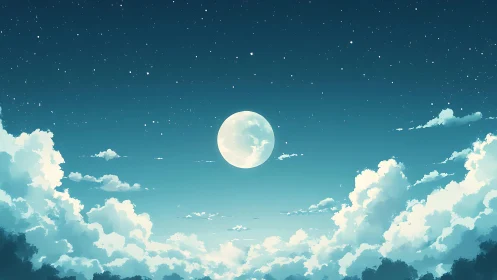 Digital painting of luminous moon framed by cumulus cloudscape.