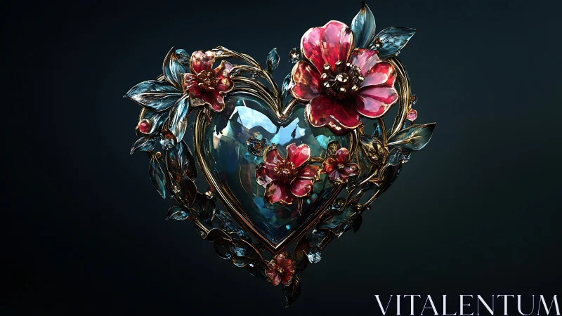 Ornate jewelry heart pendant with crystal faceted stone center surrounded by detailed metalwork red 