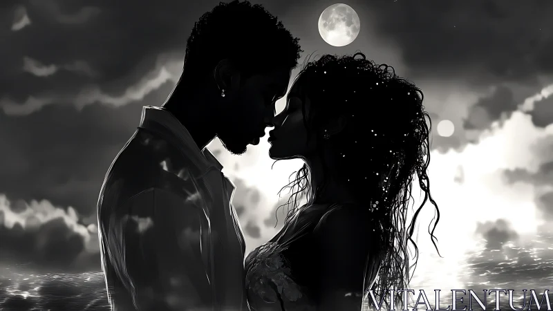 Silhouetted Couple Amid Lunar Illumination Against Tempestuous Sky.