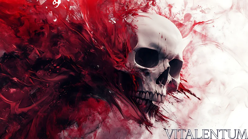 Cracked white skull dissolving into crimson abstract smoke.