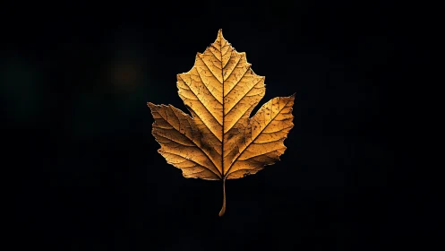 Golden maple leaf isolated on deep black negative space.