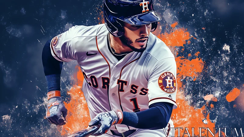 Dynamic baseball runner in white uniform with orange accents.