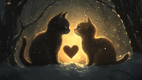 Two Kittens Facing Each Other with Luminous Heart Shape Between Them