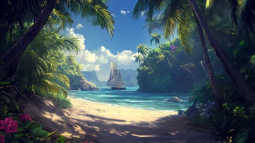 Tropical Cove with Sailing Vessel Nestled Among Frond Canopies.