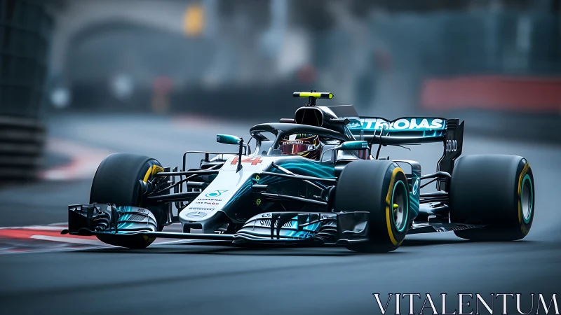 Hybrid Formula 1 car powers through misty street circuit.