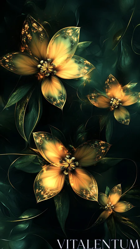 Golden blossoms glow softly against a deep emerald night