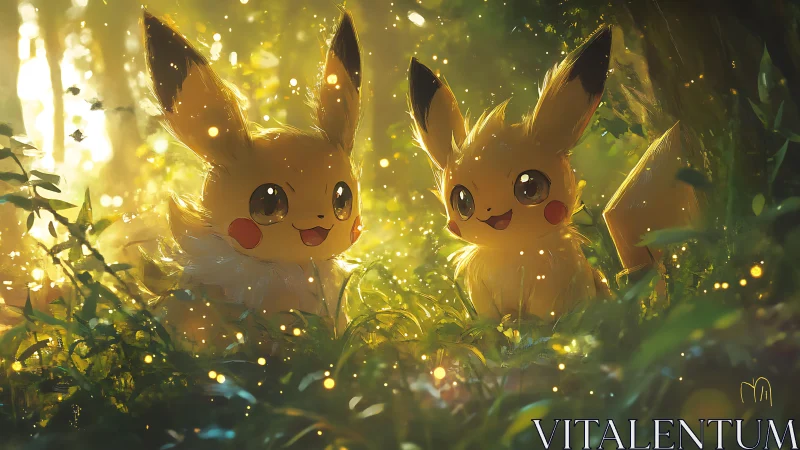 Luminous twin Pikachu study in volumetric forest light field.