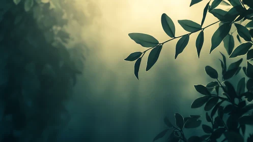 Sunlit green leaves in soft-focus nature background, tranquil style.