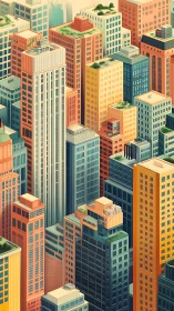 Colorful high-rise cityscape blends density and rooftop greenery.