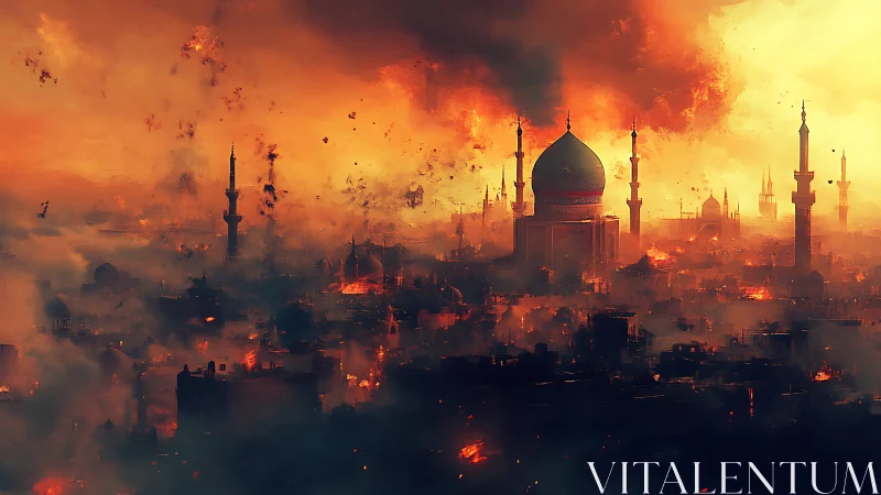 Burning domed city skyline with minarets under smoke