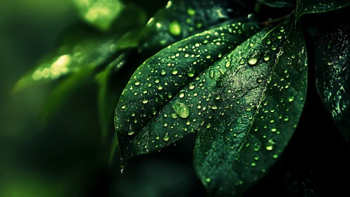 Rain-soaked green leaves glow under soft diffuse light.