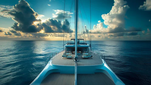 Sun-chasing yacht slices the horizon in mirrored teal calm