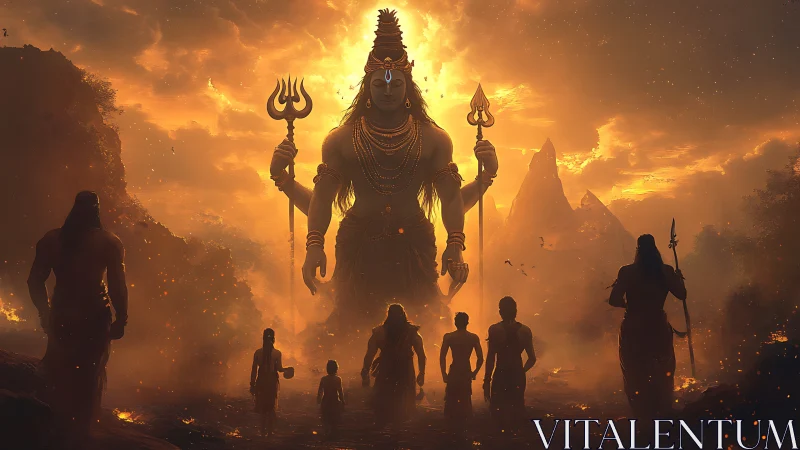 Giant trident-bearing deity towers above silhouetted worshippers
