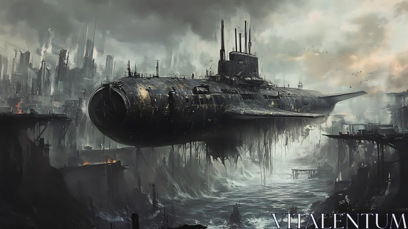 Weathered sky-ship drifting above a ruined coastal city.