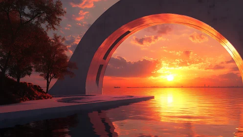 Sunset framed by modern waterfront concrete archway.